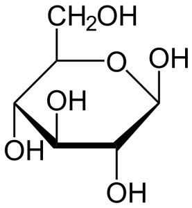 A ring shaped (cyclic) glucose molecule. Image via Wikipedia.