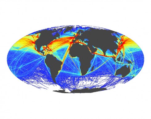 This map shows the frequency of shipping traffic along shipping routes around the world, ranging from low (blue) to high (red). Image and caption from SeaWeb.