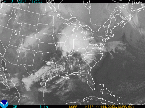 Infra-red satellite image showing the clouds of the frontal system that affected St. Louis on April 3rd, 2014. Image from NOAA.