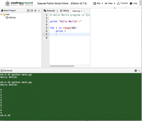 Screen capture of  Python coding at Tutorial Point's Coding Ground.