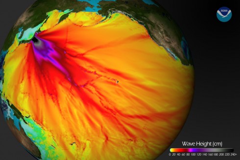 Tsunami wave heights modeled by NOAA. Note the colors only go up to 2 meters 