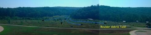 The path of the wave from the Taum Sauk reservoir breach created a debris field with huge boulders, and demolished the original Johnson's Shut Ins campground. The Shut Ins themselves are downstream to the right.