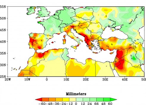 Reds and oranges highlight lands around the Mediterranean that experienced significantly drier winters during 1971-2010 than the comparison period of 1902-2010. Credit NOAA.