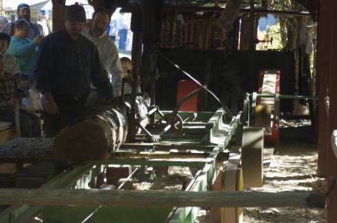 Carefully supervising the sawing of a log. You can just make out the spinning saw blade slicing through the far side of the log.