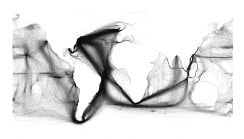 Ships tracks in black, plotted on a white background, show the outlines of the continents and the predominant tracks on the trade winds.  Image and caption from Sapping Attention.