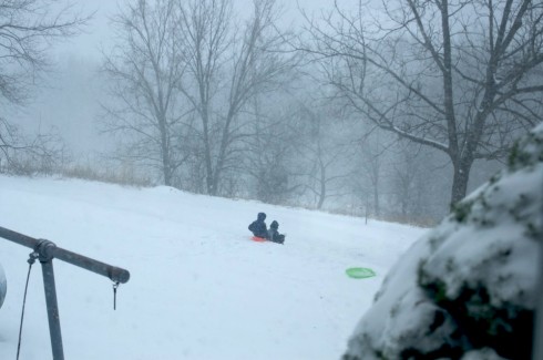 Kids sledding (at home) on a snow day.