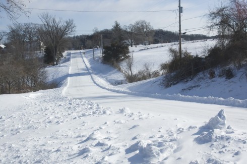 The road to school (from the west) on a snow day.