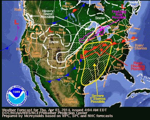 Weather map for April 3rd showing the mid-latitude cyclone that produced the hailstorm.