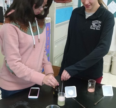 Ms. R. helps a peer with her experiment.