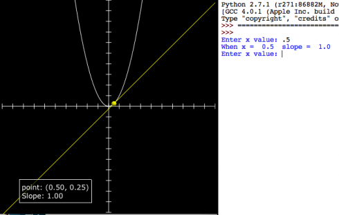 Screen capture: Enter an x value and the program calculates the slope for the function and draws the tangent line.