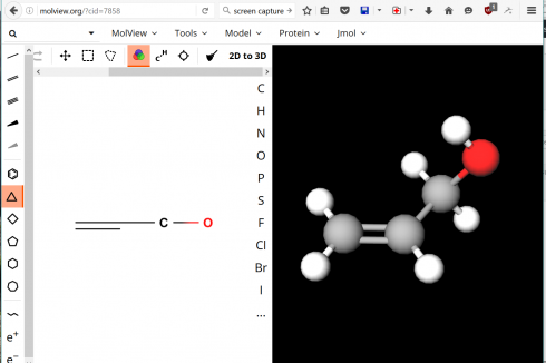 Screen capture from MolView showing the 2d window on the left where the molecule is drawn, and the rotatable 3d view on the right.