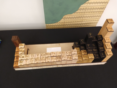 Periodic Table relief based on ionization energy. The blocks on this one have 1.5 inch square bases. The colors for the different regions  use stains including tea (assam) and blackberry juice extracted from berries from the canes on campus.