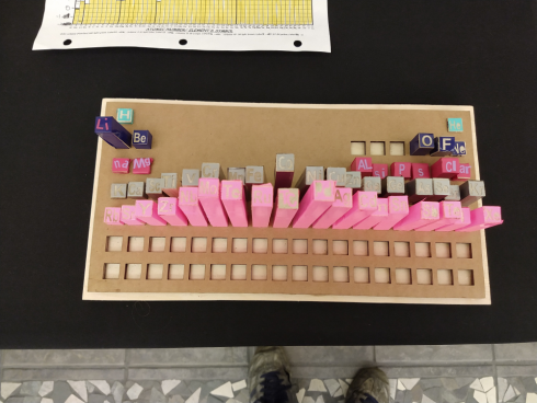 Paper columns and vinyl cut lettering on this periodic table. 