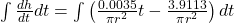   \int \frac{dh}{dt} dt = \int \left( \frac{0.0035}{\pi r^2} t - \frac{3.9113}{\pi r^2} \right) dt 