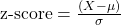 \text{z-score} = \frac{(X - \mu)}{ \sigma} 