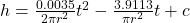  h = \frac{0.0035}{2 \pi r^2} t^2 - \frac{3.9113}{\pi r^2} t + c 