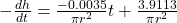   -\frac{dh}{dt} = \frac{-0.0035}{\pi r^2} t + \frac{3.9113}{\pi r^2} 