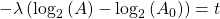  -\lambda \left( \log_2{(A)} - \log_2{ ( A_0 )} \right) = t     