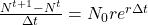  \frac{N^{t+1}-N^t}{\Delta t} = N_0 r e^{r\Delta t} 