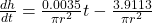   \frac{dh}{dt} = \frac{0.0035}{\pi r^2} t - \frac{3.9113}{\pi r^2} 