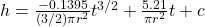  h =  \frac{-0.1395}{(3/2) \pi r^2} t^{3/2} + \frac{5.21}{\pi r^2} t + c 