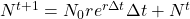   N^{t+1}     = N_0 r e^{r\Delta t} \Delta t + N^t 