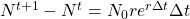   N^{t+1}-N^t = N_0 r e^{r\Delta t} \Delta t 