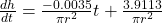   \frac{dh}{dt} = \frac{-0.0035}{\pi r^2} t + \frac{3.9113}{\pi r^2} 